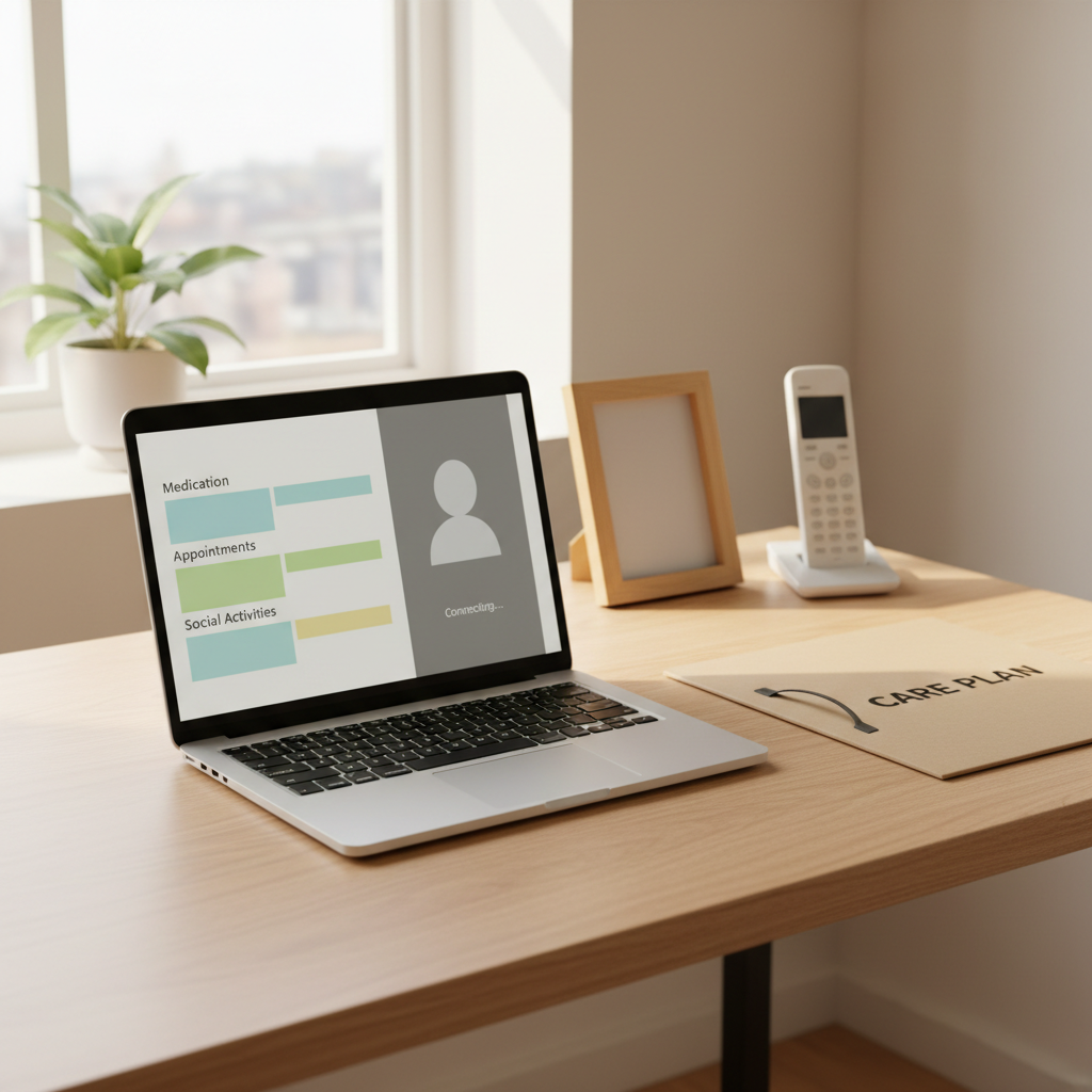 An uncluttered, sunlit corner of a home office where a sleek laptop screen displays a simple, color-coded weekly care schedule and a video call interface frozen on a blank silhouette. Next to the laptop lies a neatly arranged folder labeled “Care Plan,” a cordless phone on its charging base, and a small framed picture turned slightly away so no face is visible. Soft midday light from a nearby window illuminates the desk’s light wood grain and a potted plant’s vibrant green leaves. Photographic realism, eye-level composition with moderate depth of field, creating a professional yet warm mood that conveys responsive communication and coordination between families and a home care agency.