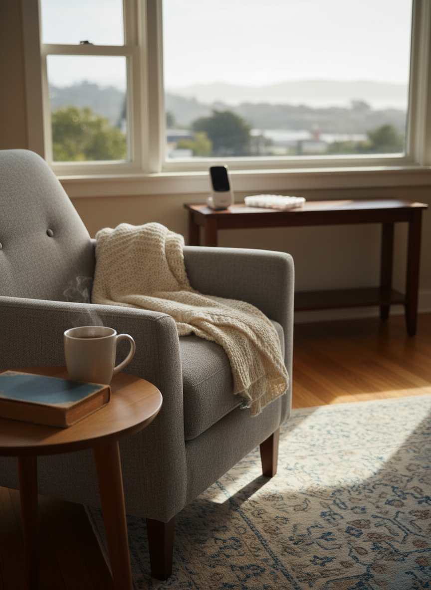 A warmly lit living room centered on a plush, neatly folded cream-colored throw blanket resting on a soft gray armchair, next to a small wooden side table with a closed, well-worn hardcover book and a ceramic mug of herbal tea. Through a large window, late afternoon Bay Area light filters in, casting gentle, elongated shadows across a tidy rug and polished hardwood floor. In the background, a discreet medical alert device and an organized pill box sit unobtrusively on a console table. Photographic realism, shot at eye level with a shallow depth of field to keep the foreground in crisp focus while the background softly blurs, creating a calm, safe, and inviting atmosphere that suggests reliable in-home support without showing any people.