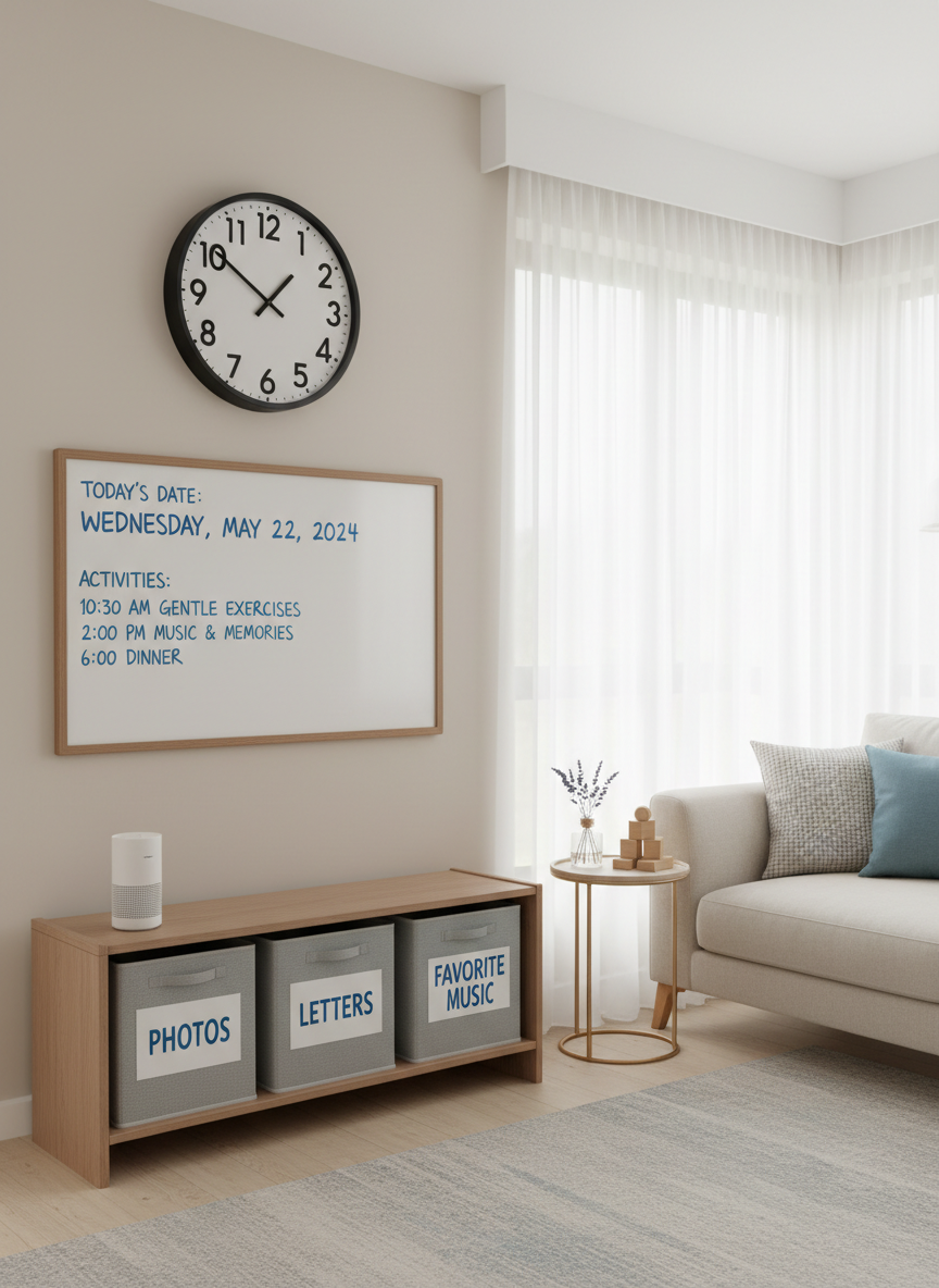 A quiet, organized living room designed for dementia-friendly care, featuring a large, clearly visible wall clock with bold numbers, a whiteboard showing today’s date and simple activities, and a memory shelf with labeled boxes such as “photos,” “letters,” and “favorite music.” Soft, indirect daylight enters through sheer curtains, gently brightening the neutral-toned space. On a side table, a small speaker, a calming lavender diffuser, and a neatly stacked puzzle set are arranged with intention. Photographic realism, wide-angle shot from a slightly elevated perspective, with sharp focus throughout to emphasize clear labeling and thoughtful layout, creating a serene, reassuring environment tailored for cognitive support without any people present.