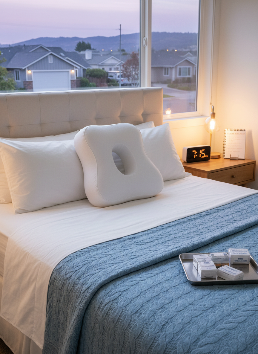 A neatly made bed with crisp, white cotton linens, a soft blue knitted comforter folded at the foot, and a supportive orthopedic pillow resting upright against a padded headboard. On the bedside table, a digital clock displays an early evening time, next to an organized tray with labeled medication boxes, a small lamp with warm ambient light, and a discreet notepad with a simple daily care checklist. The room’s window shows a subtle glimpse of a quiet Bay Area neighborhood at dusk. Photographic realism, shot from a slightly elevated angle with gentle, diffused lighting and balanced composition, evoking safety, routine, and attentive overnight home care without any visible people.