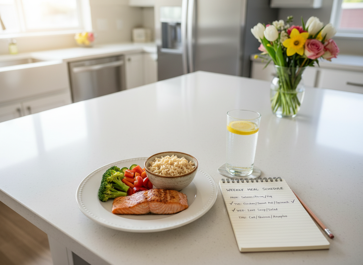 A tidy, sunlit kitchen counter in a modern Bay Area home, featuring a single white porcelain plate carefully arranged with colorful steamed vegetables, grilled salmon, and a small bowl of brown rice. Beside it sits a glass of water with lemon slices and a notepad with a clearly written meal schedule and checkmarks. Morning light pours through a nearby window, reflecting softly off stainless steel appliances and a vase of fresh flowers on the island. Photographic realism with an overhead, three-quarter angle, moderate depth of field, and a clean, bright composition that feels organized, nurturing, and health-focused, representing thoughtful meal preparation and routine support for seniors aging at home.