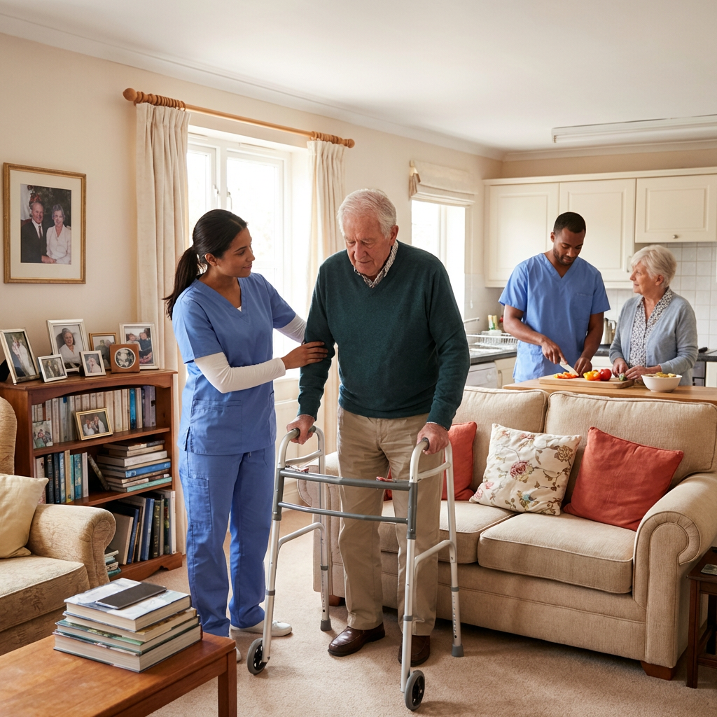 A caregiver helps an elderly man use a walker while another prepares a meal.